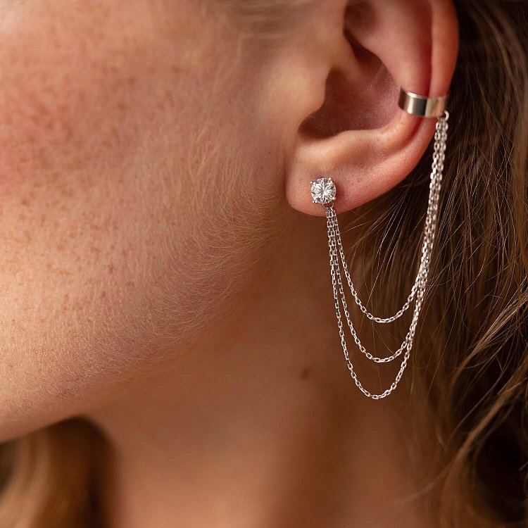 Сережка - каффа "Трініті" в білому золоті з ланцюжками (фіаніт) с08020 від ювелірного магазину Онікс - 10