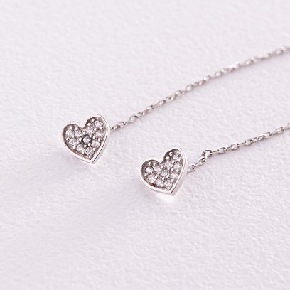 Сережки - протяжки "Сердечки" у білому золоті (фіаніти) с08084 №4
