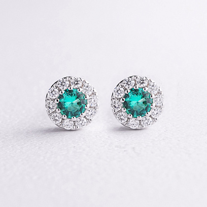 Сережки - пусети в білому золоті (діаманти, смарагди) сб0716mi