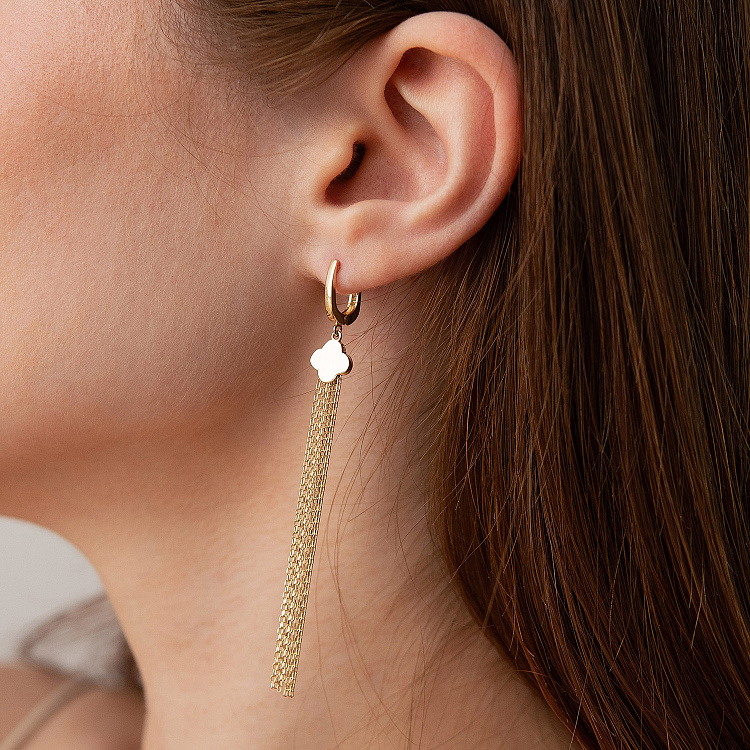 Серьги "Клевер" с цепочками (желтое золото) с09409 от ювелирного магазина Оникс - 4