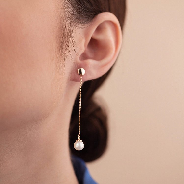 Сережки - пусети "Перлина на ланцюжку" у червоному золоті с08315 від ювелірного магазину Онікс