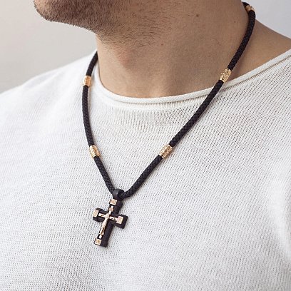 Чоловічий православний хрест "Розп'яття. Спаси та Збережи" на шнурі з ебенового дерева та золота кол02245 №2