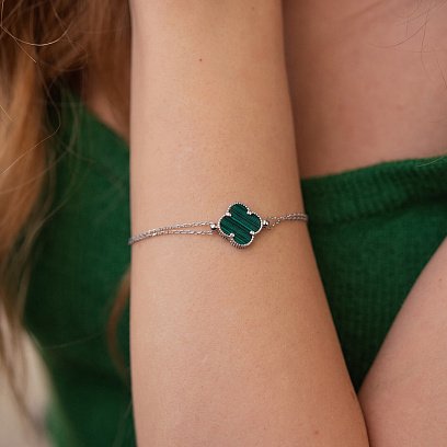 Срібний браслет "Конюшина" з малахітом 141635 №2