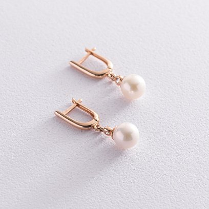 Золотые серьги с культ. пресн. жемчугом и фианитами с06562