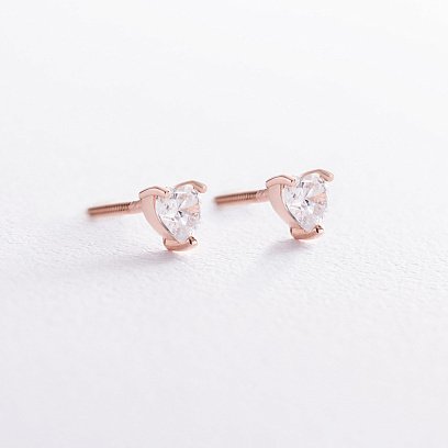 Золоті сережки - пусети "Сердечки" з куб. цирконієм (Swarovski) 1119к