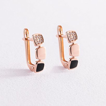 Золотые серьги с фианитами и эмалью 420400е