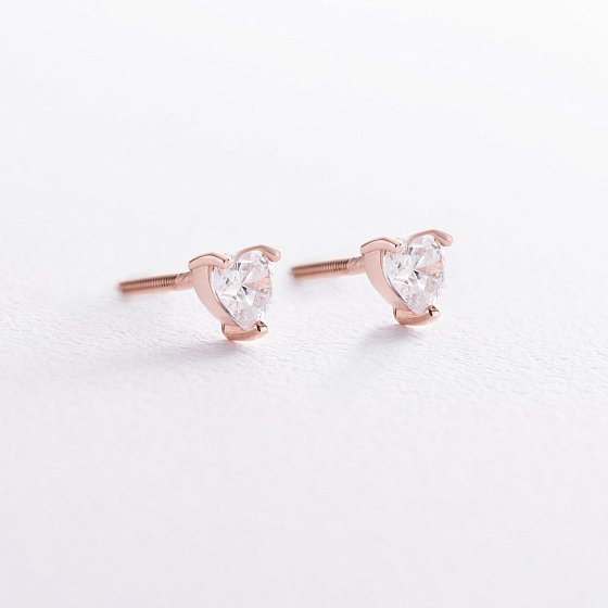 Золоті сережки - пусети "Сердечки" з куб. цирконієм (Swarovski) 1119к