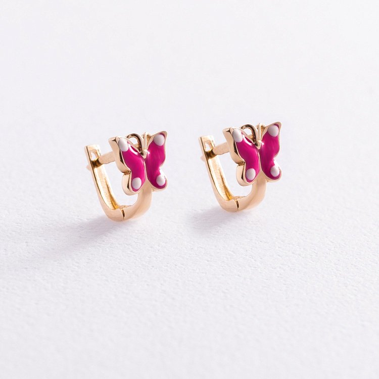 Золотые детские серьги "Бабочки" с эмалью с03222 от ювелирного магазина Оникс