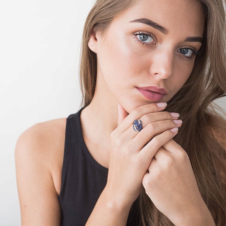 Золотое кольцо с сапфирами и бриллиантами кб0091gm от ювелирного магазина Оникс - 5