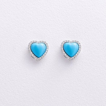 Золоті сережки - пусети "Сердечки" (бірюза, діаманти) сб0601sm