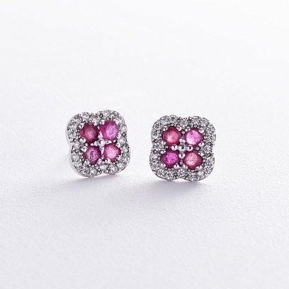 Серебряные серьги - пусеты "Клевер" (фианиты, рубины) GS-02-135-4410