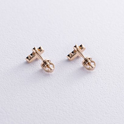 Золоті сережки - пусети "Хрестики" з чорними діамантами 322873122 №3