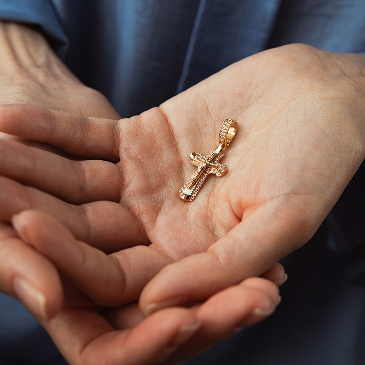 Православный крест "Распятие. Спаси и Сохрани" (эмаль, фианиты) 270065E от ювелирного магазина Оникс - 1