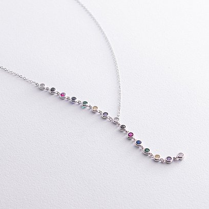 Срібне кольє - краватка з різнокольоровими фіанітами 181213 №2