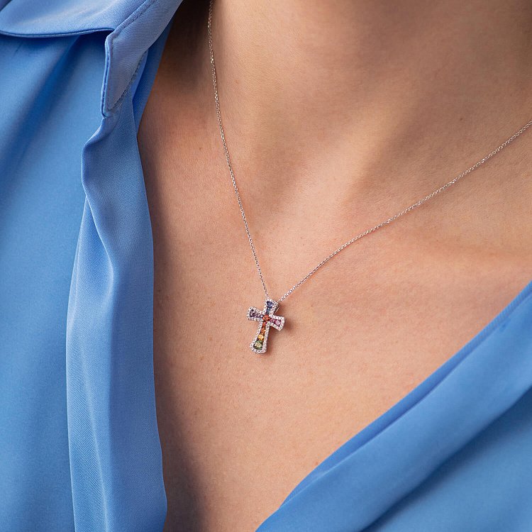 Золотое колье с крестиком (разноцветные сапфиры и бриллианты) колб0100mi от ювелирного магазина Оникс - 1