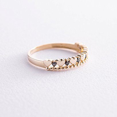 Кольцо "Сердечки" в желтом золоте (черные фианиты) к07059 №3
