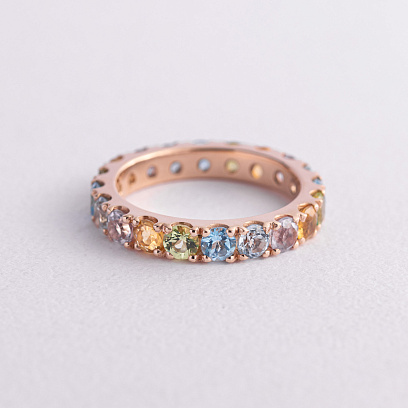 Золота каблучка з доріжкою різнокольорових натуральних каменів к07526 №8