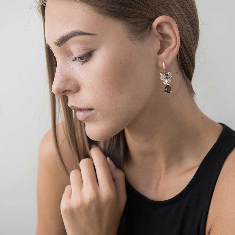 Золотые серьги "Бабочки" с дымч. кварцем и фианитами с03898 - 3 Золотые серьги "Бабочки" с дымч. кварцем и фианитами с03898 от ювелирного магазина Оникс - 3