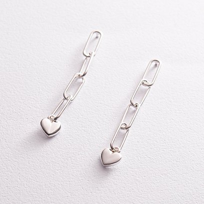 Серебряные серьги - пусеты "Сердечки на цепочке" 123197