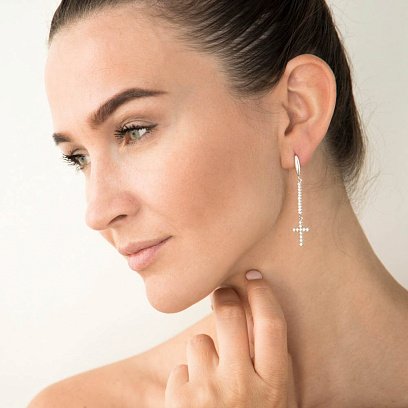 Серебряные серьги "Крестики" (фианит) 121034 №2