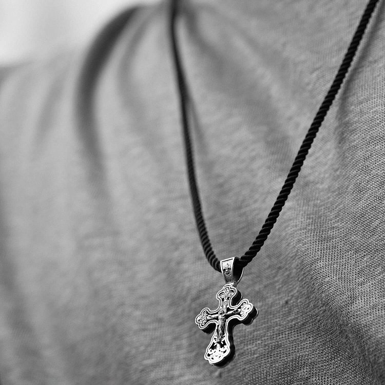 Срібний хрест "Розп'яття. Спаси та Збережи" з ебеновим деревом mini 1071 від ювелірного магазину Онікс - 1