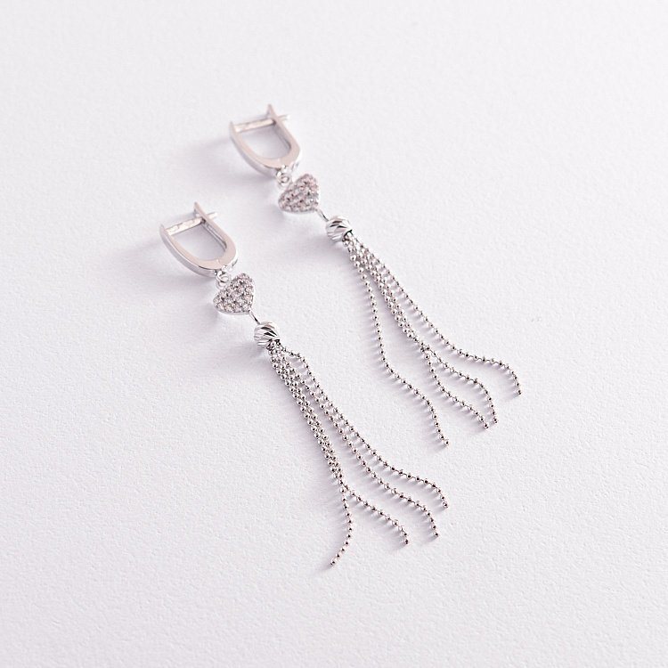 Золотые серьги "Сердечки" с цепочками (фианиты) с07820 от ювелирного магазина Оникс