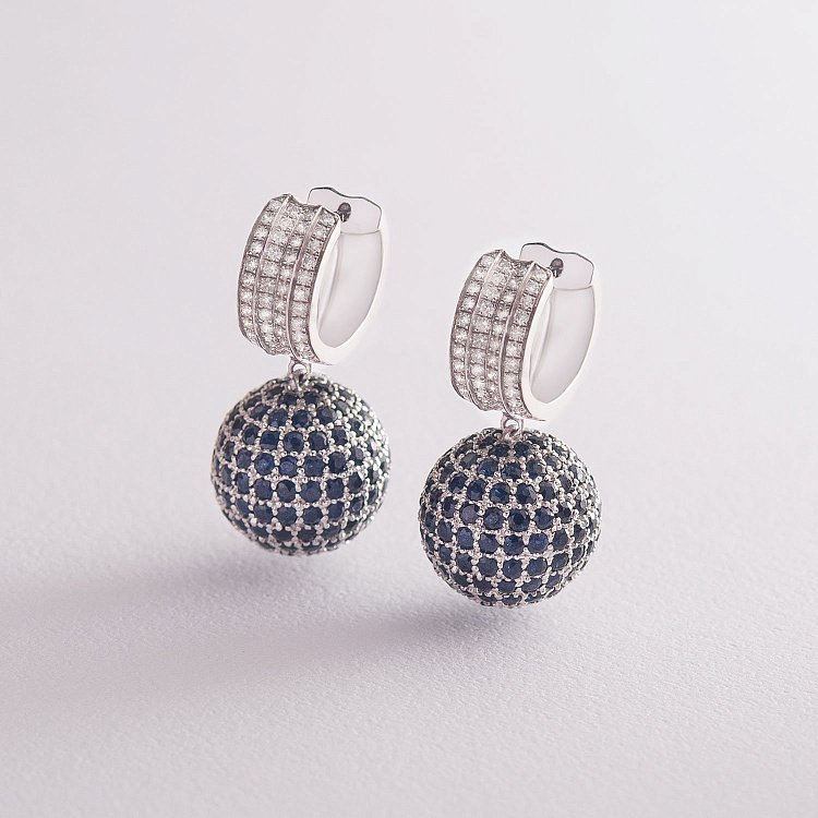 Золотые серьги "Шарики" (бриллианты, сапфиры) сб0195са от ювелирного магазина Оникс