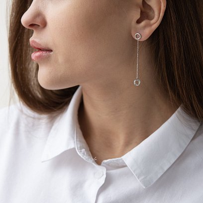 Сережки "Кружечки" на ланцюжку в білому золоті с07276 №2