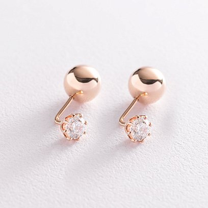 Серьги "Шарики" в красном золоте с фианитами с06976 №3