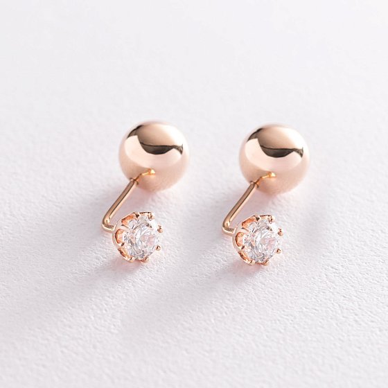 Серьги "Шарики" в красном золоте с фианитами с06976 №3