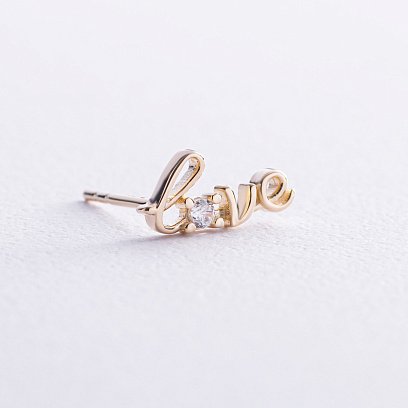 Золотая моносерьга "Love" с фианитом с07922