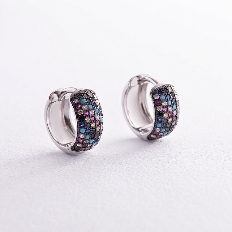 Серебряные серьги - кольца "Океан" с фианитами 122148 от ювелирного магазина Оникс