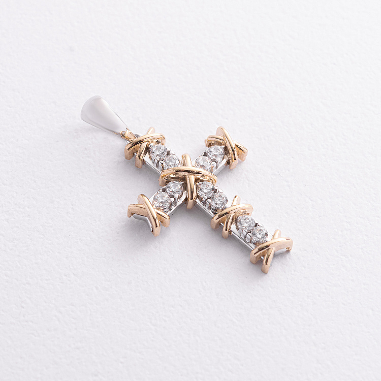 Хрестик з фіанітами (біле, жовте золото) п04047 від ювелірного магазину Онікс