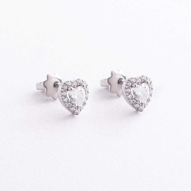Серебряные серьги - пусеты "Сердечки" с фианитами 902-01584 от ювелирного магазина Оникс - 1