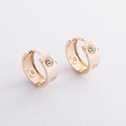 Сережки - кільця "Love" в жовтому золоті (фіаніти) с07214 №6