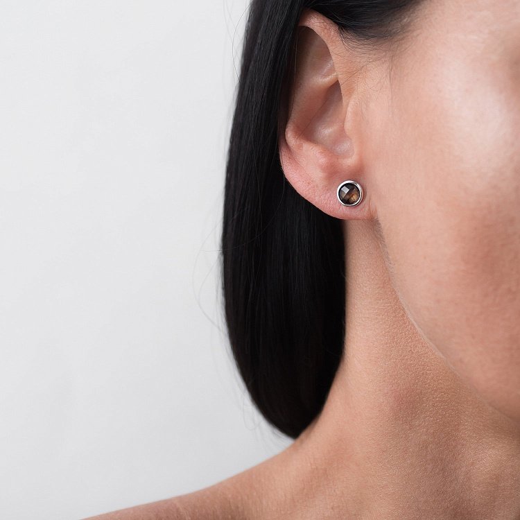 Золотые серьги-пусеты (дымчатый кварц) с06297 от ювелирного магазина Оникс - 5