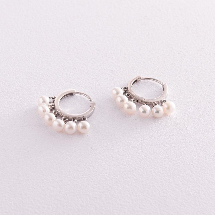 Серебряные серьги - кольца с жемчужинами 123276 от ювелирного магазина Оникс - 2