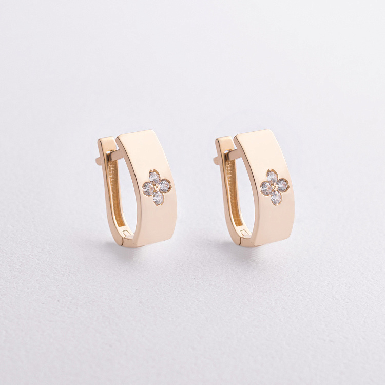 Сережки "Конюшина" в жовтому золоті (фіаніти) с09526 від ювелірного магазину Онікс