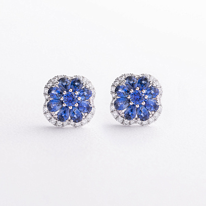 Сережки - пусети "Конюшина" в білому золоті (діаманти, сапфіри) сб0718mi