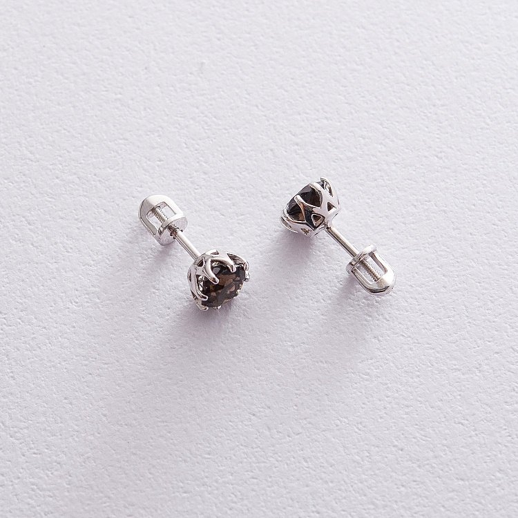 Золотые серьги - пусеты (кварц дымчатый) с06673 от ювелирного магазина Оникс - 3