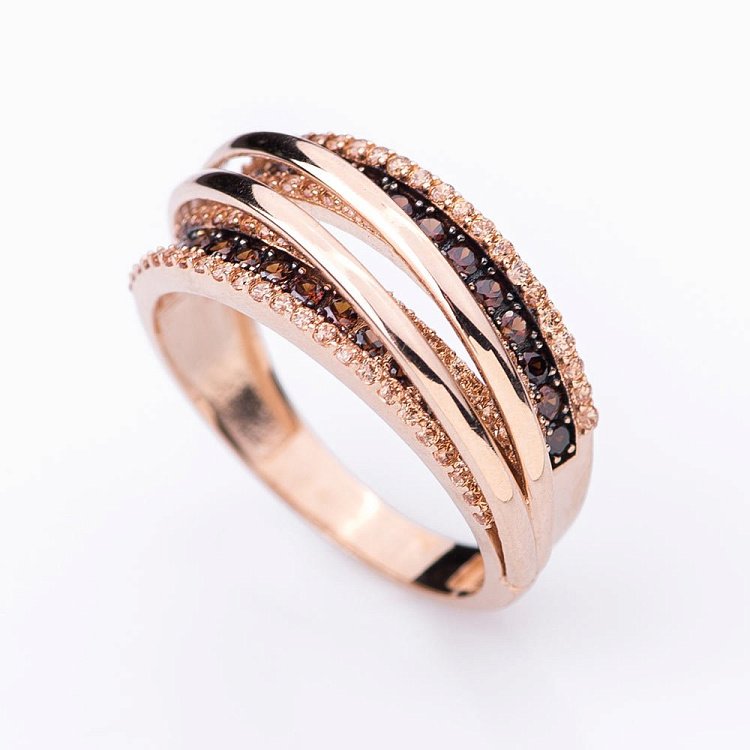 Золотое кольцо с коричневыми и жёлтыми фианитами к04966 от ювелирного магазина Оникс