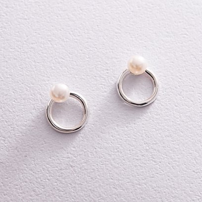 Серебряные серьги-пусеты "Круговорот" с жемчугом 123277 №3