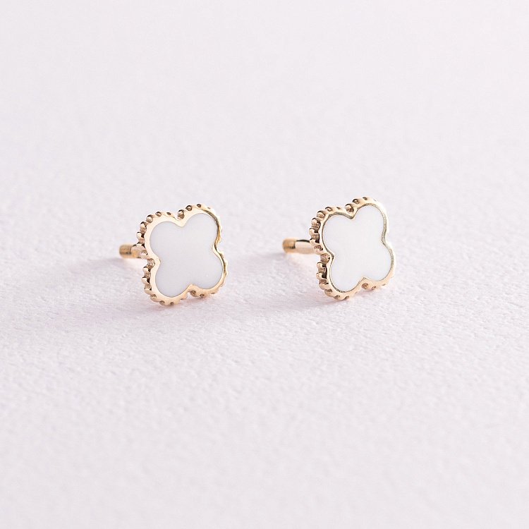 Золотые серьги - пусеты "Клевер" (эмаль) 500047Мб от ювелирного магазина Оникс