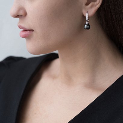 Золотые серьги с черным жемчугом и бриллиантами сб0169ca №2