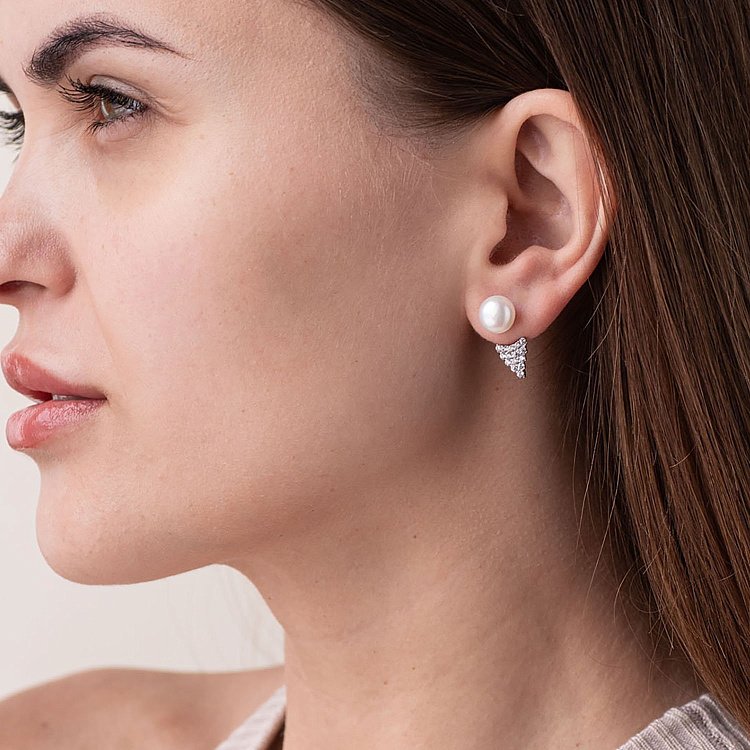 Срібні сережки - пусети 2 в 1 (перли, фіаніти) 2460/1р-PWT від ювелірного магазину Онікс