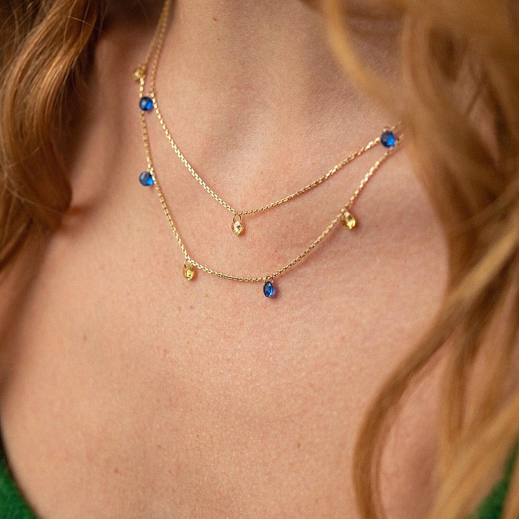 Подвійне золоте кольє "Українка" (сині та жовті фіаніти) кол02324 від ювелірного магазину Онікс - 3