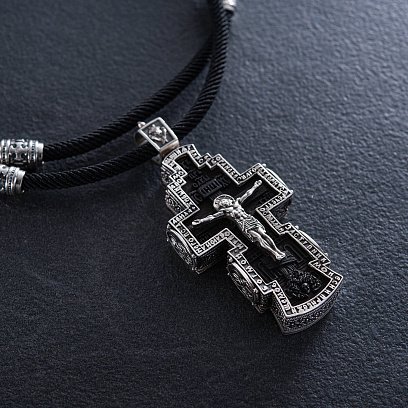 Мужской православный серебряный крест из эбенового дерева на шнурке 181263