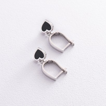 Серьги "Сердечки" в белом золоте (эмаль) с08338 №3
