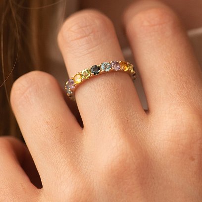 Золота каблучка з доріжкою різнокольорових натуральних каменів к07526 №2