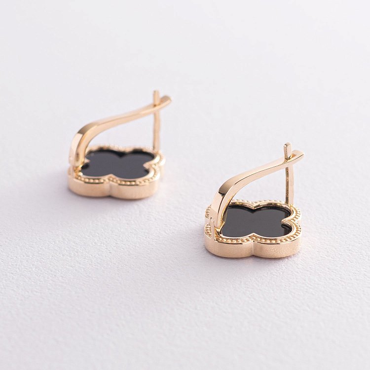 Золоті сережки "Конюшина" з оніксом с07367 від ювелірного магазину Онікс - 3